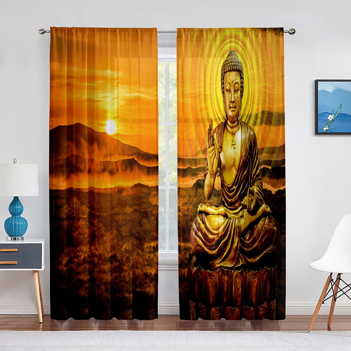 

Buddhist Buddha Statue Golden Light Sunset Sheer Curtain for Living Room Kitchen Window Bedroom Decoration Tulle Voile Curtain