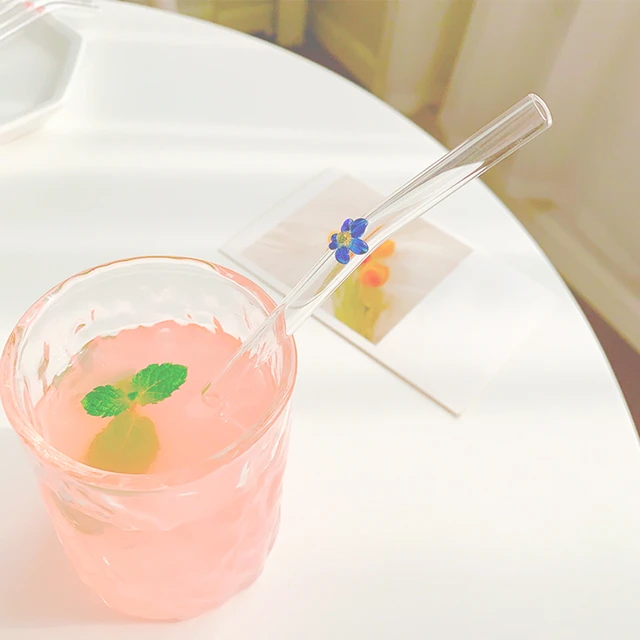 Reusable Glass Straw with Flower ,Colorful Shatter Resistant Bend Straws Cocktails Bar Accessories with Cleaning Brush 8