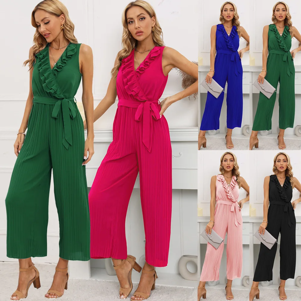 

Europe and America 2023 Summer Women's New Sleeveless V-neck Ruffle Lace Jumpsuit overalls for women jump suits for women