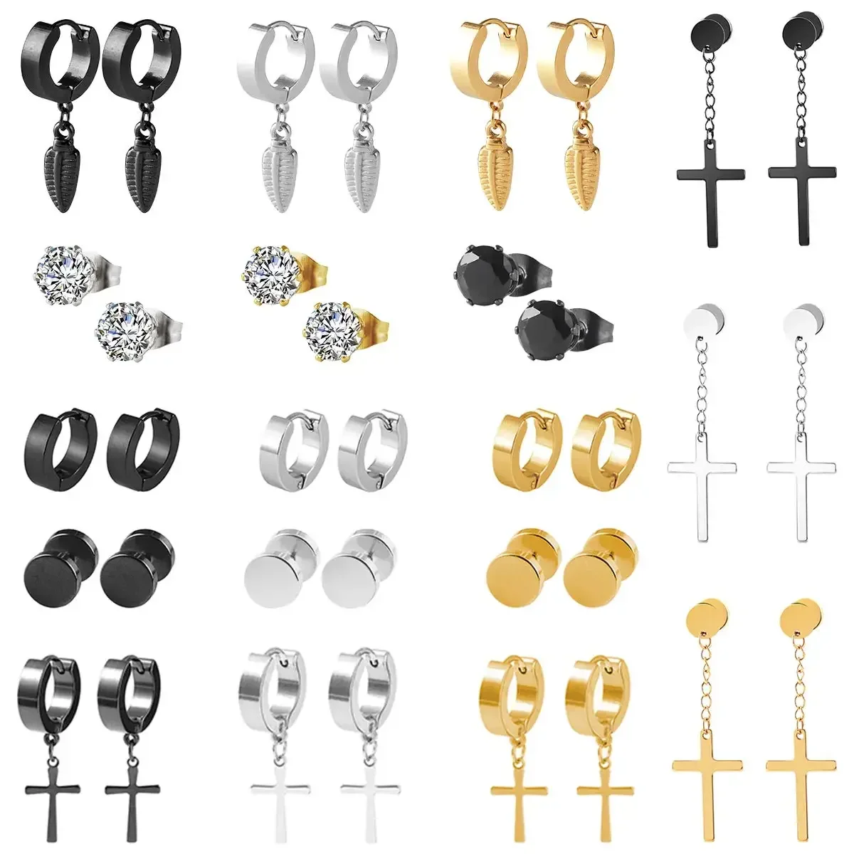 

18 Pairs Stainless Steel Piercing Crystal Studs Cross Hinged Dangle Hoop Earrings for Men Women Boys Black Gold Silver Earrings