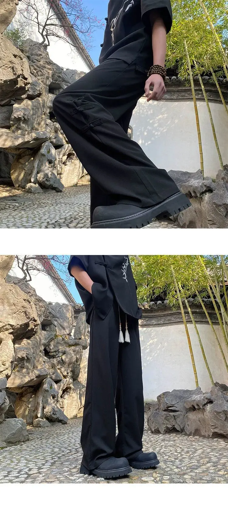 Description Picture 5 of itemChinese Style Knot Button Pants For Men Elastic Waist Drawstring Loose Straight Trousers Summer Fashion Casual Wide Leg Pants