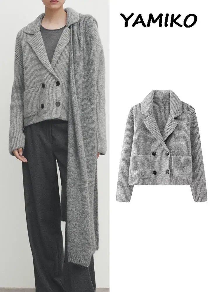 

Knitted Solid Blazer Coat For Women 2023 Winter Warm Lapel Collar With Pocket Double Breasted Jacket Female Vintage Fashion Tops