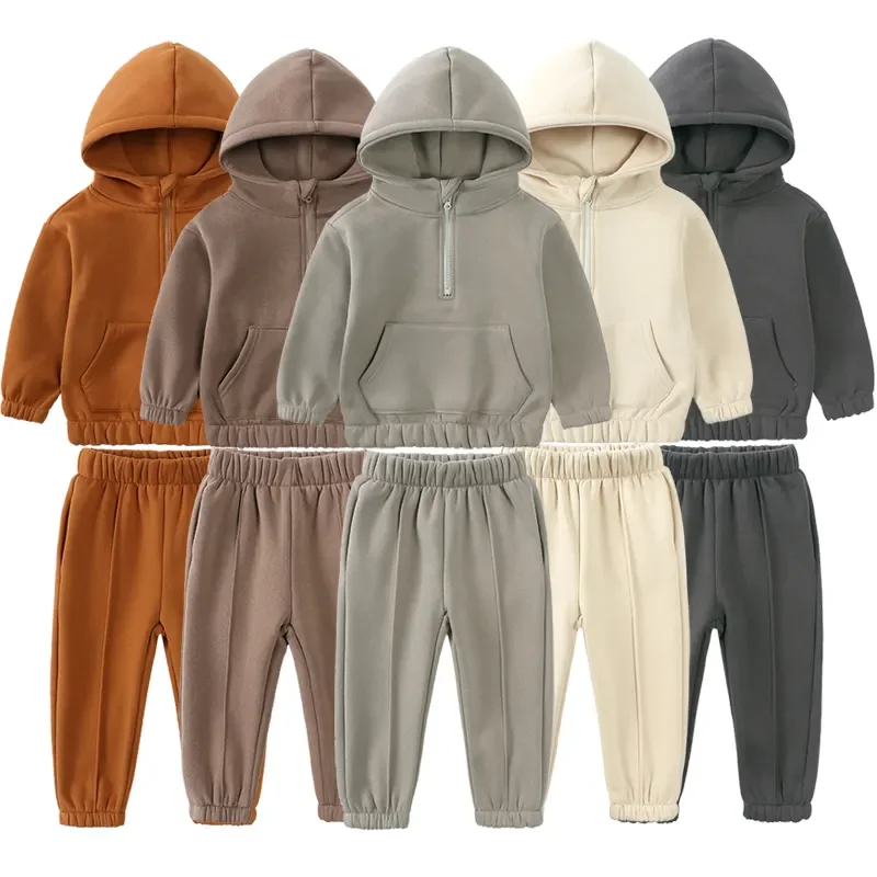 2026 Winter Children Fleece Outfits Toddler Warm Thicken Cotton Solid Hoodies+Pants Tracksuit Kids Boy Girl Sweatsuits Sets