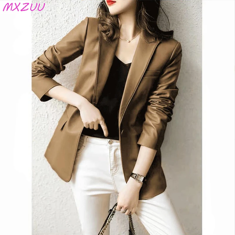 

Natural Sheepskin Coat Blazer Mujer Single Button Suit Collar Chic and Elegant Woman Jacket Slim Camel Real Leather Topscoat