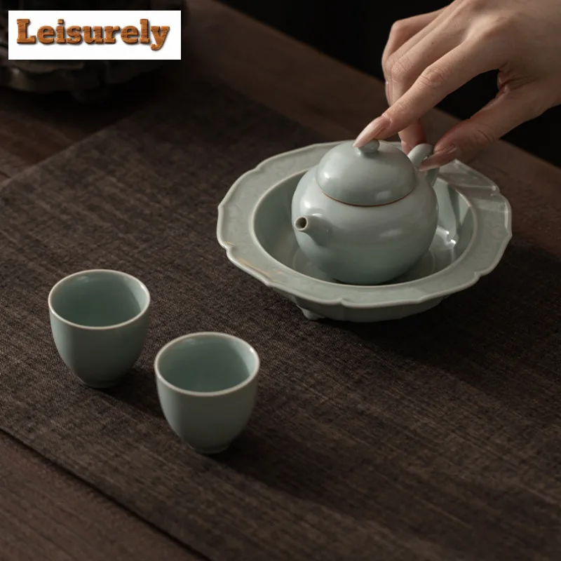 130ml Azure Ru Kiln Dream Teapot Traditional Tea Infuser Pot Tea Maker Kettle With Ball Hole Tea Ceremony Accessories Ornaments