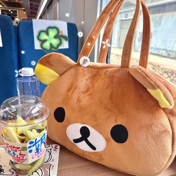 Borsa tote in peluche Kawaii Rilakkuma, graziosa borsa a tracolla marrone e bianca con orsetto dei cartoni animati, morbida e casual, per donna e ragazza, di grande capacità