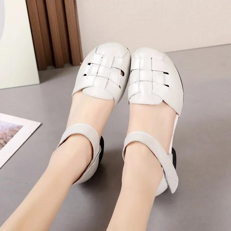 2024 New genuine leather sandals women summer closed toe roman shoes ladies hook loop ankle strap sandals round heels woman