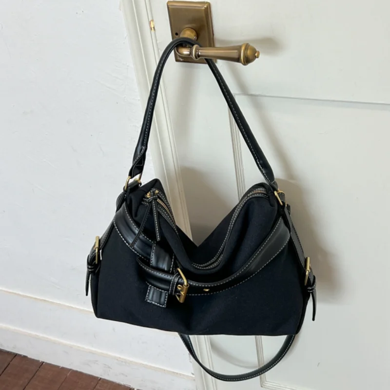 Borsa Tote Retrò Coreana in Pelle Scamosciata da Donna, Borsa a Spalla Y2K Trendy in PU con Fibbia Decorativa e Chiusura a Cerniera, Grande Capacità