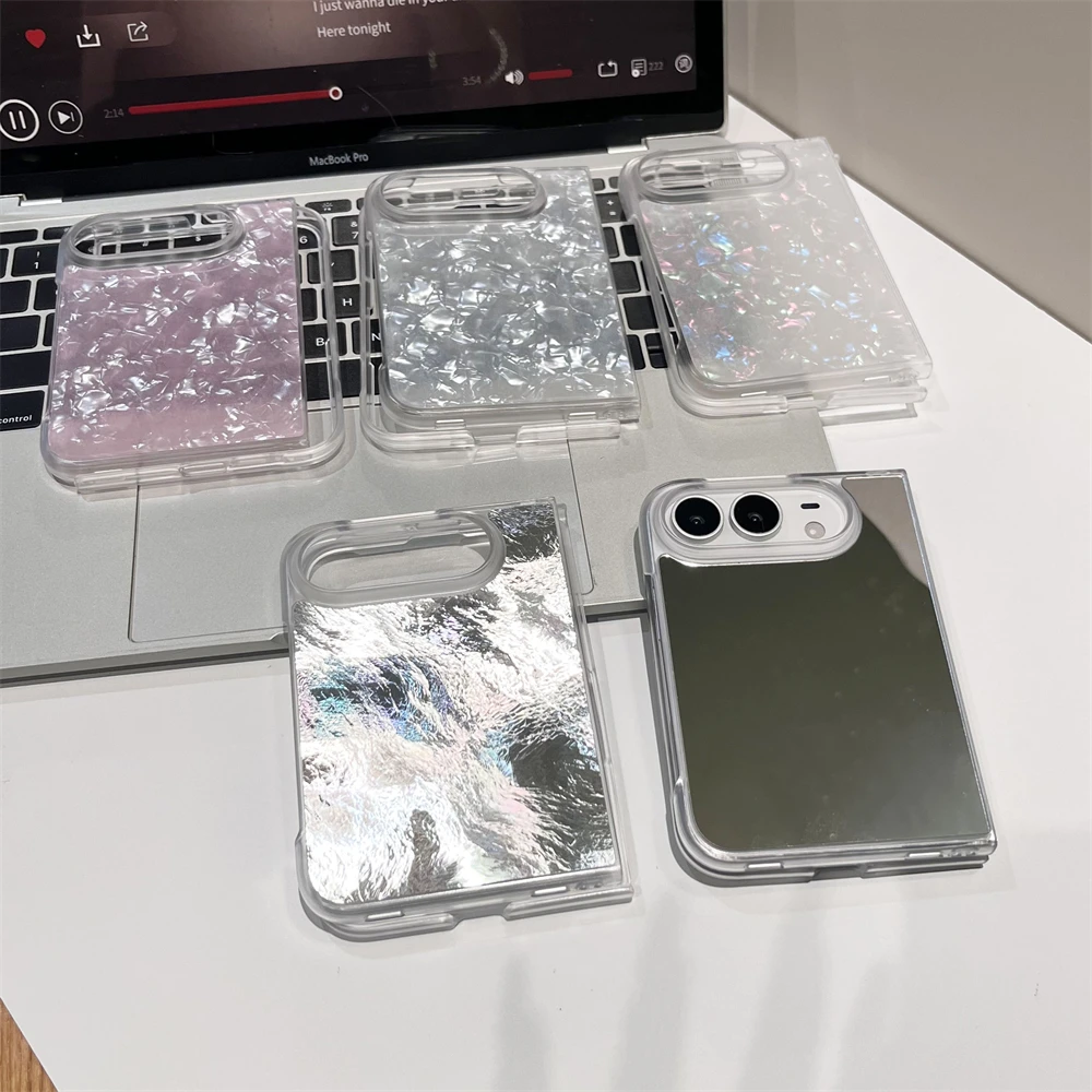 Luxury Shell Pattern Make-up Mirror Phone Case with Glacier Texture Shockproof Solid Cover