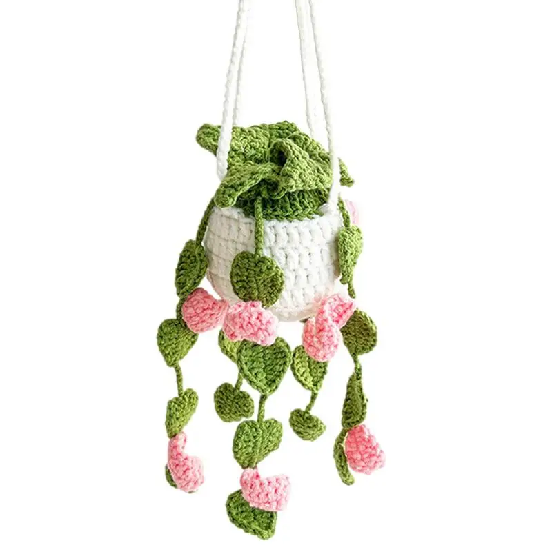 

Car Crochet Ornament Cute Rearview Mirror Charm Pendant Handmade Knitted Artificial Hangings Plant Ornament for Home Decor