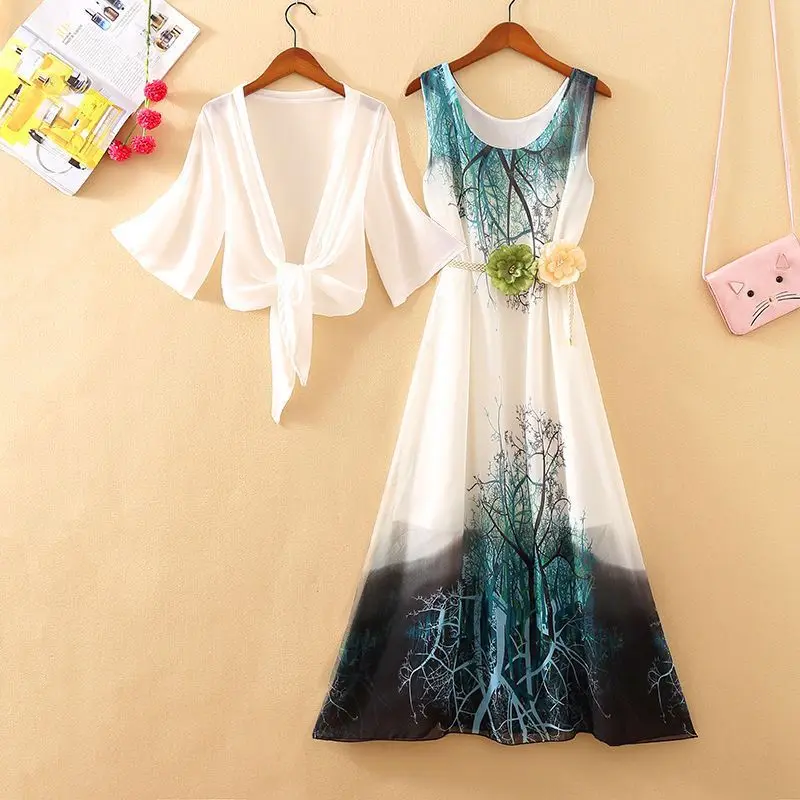 Summer New Beach Vacation Skirt Sleeveless Fragmented Beach Skirt Bohemian Long Skirt Printed Large Dress