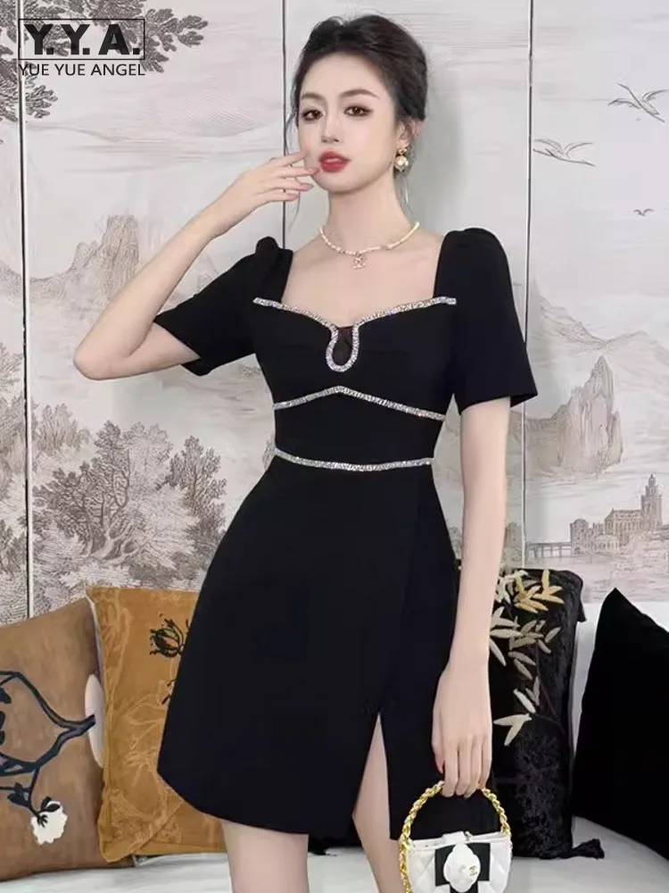 

Elegant Women Summer Diamonds Low Cut Split Mini Dress Slim Fit Birthday Party Dress Vintage Classic Black A Line Short Dress