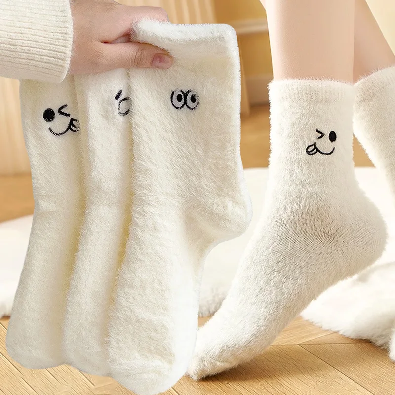 

Mink Velvet Socks Ins White Super Soft Fleece Socks Women Cute Cartton Eyes Warm Thick Sock Thermal Snow Home Sleep Floor Sox