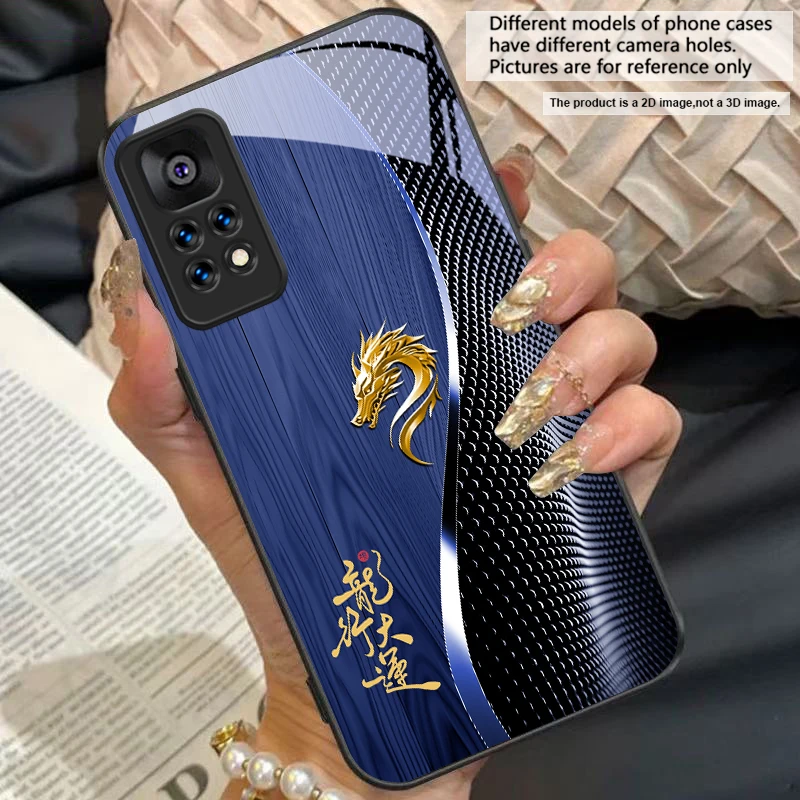 Elegant Black Tempered Glass Phone Case with Traditional Dragon Totem Design