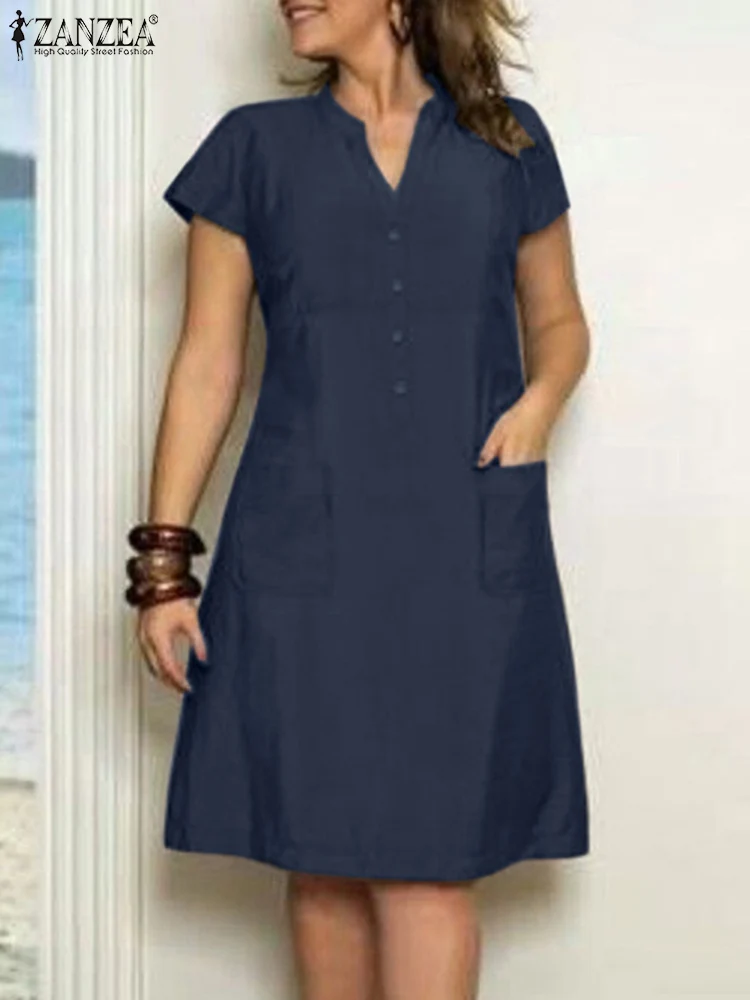 

ZANZEA 2024 Summer OL Work A-line Vestidos Casual Women Solid Color V Neck Sundress Short Sleeve Waisted Fashion Shirtdress