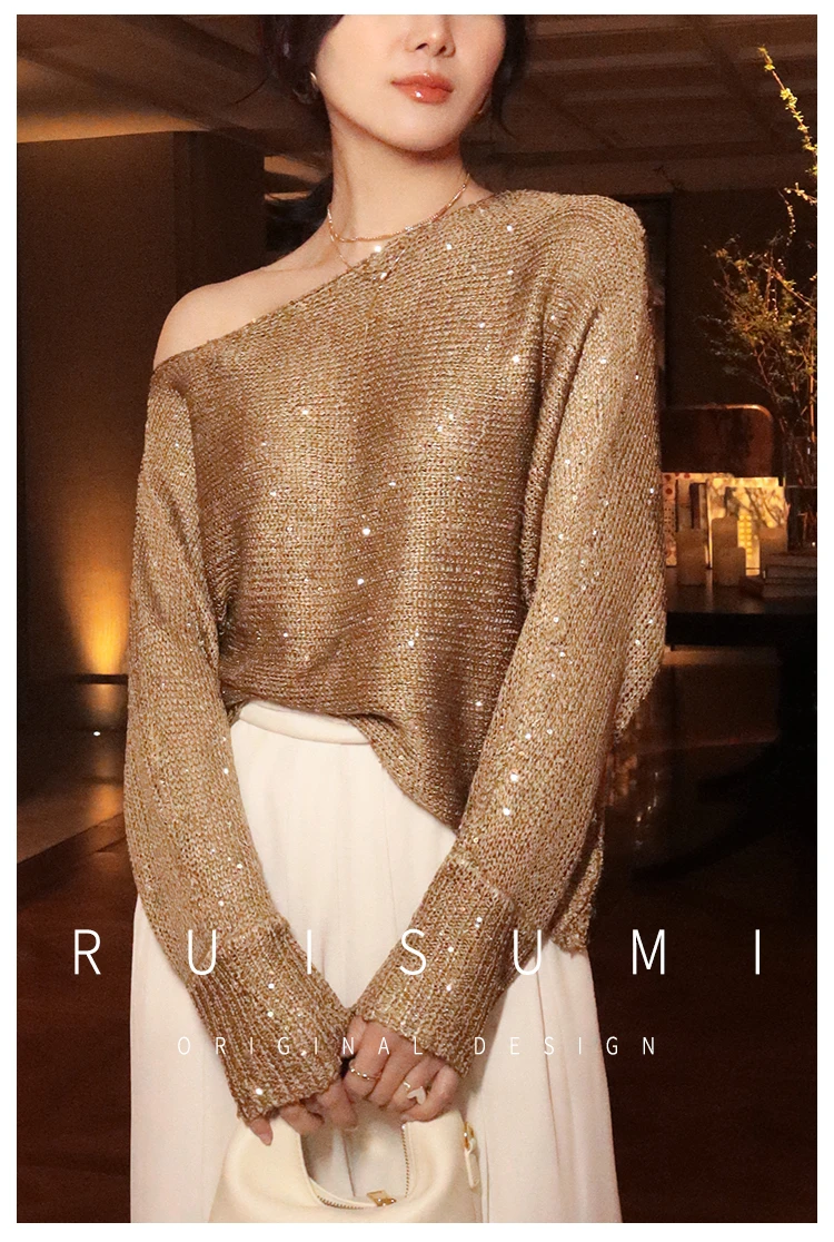 

Женский трикотажный топ с блестками Cakucool, блестящий пуловер с длинным рукавом, с открытыми плечами и воротником-лодочкой, Асимметричный топ с блестками, тонкий свитер, 7 цветов