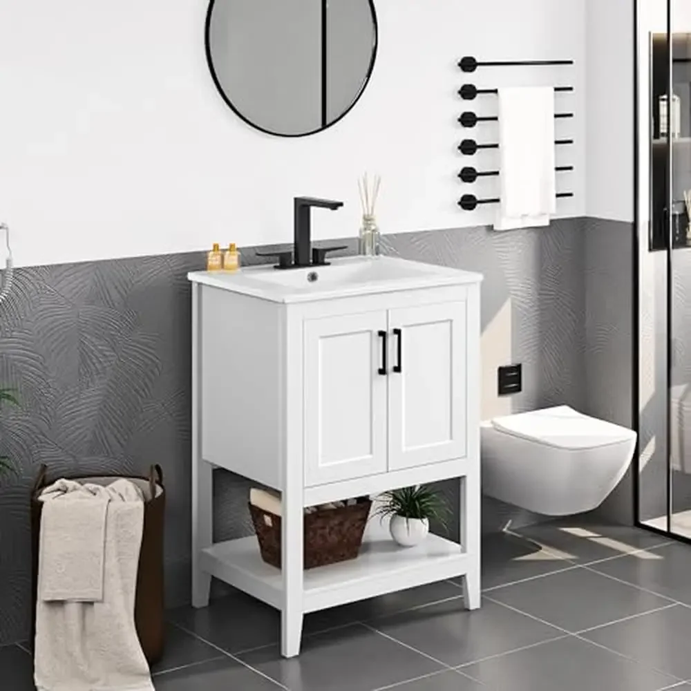 Modern 24" Bathroom Vanity Cabinet with Ceramic Basin and Soft-Close Doors White Wood High Load Capacity Wide Countertop Free of