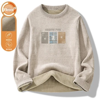 Men's Fleece-Lined Sweater Casual Thickened Warm Round Neck Pullover Print Minimalism Style Long Sleeve Soft Loose Warm Sweaters