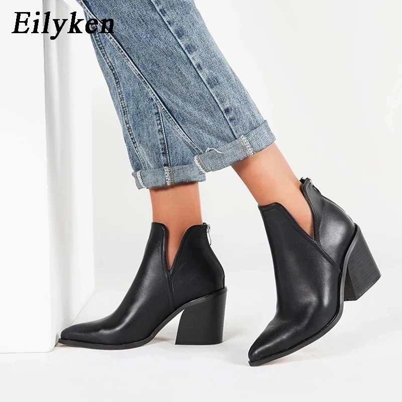 EilyKen 여성용 캐주얼 웨스턴 카우보이 앵클 부츠, 스네이크 카우걸 부츠, 짧은 코사크 보타스 하이힐 신발, 가을 겨울