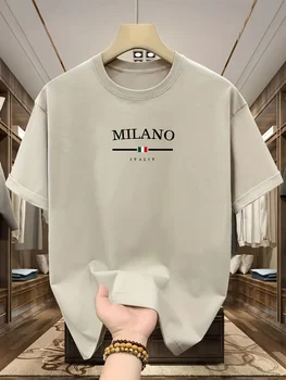 men's 100% pure cotton fashionable casual loose italian style milan letter printed round neck short sleeved t shirt top