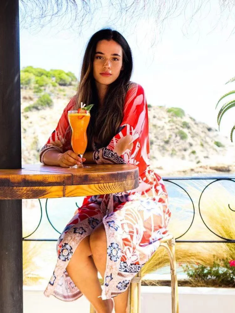 Fitshinling Oversize Beach Cover Up Kimono Vintage Print Floral Holiday Bikini Outing Boho Loose Long Cardigan Orange Covers New