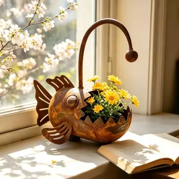 Fioriera Rustica in Metallo a Forma di Pesce Divertente, Decorazione da Giardino Antiruggine per Balcone, Cortile, Giardino, Prato, Patio, Aiuole