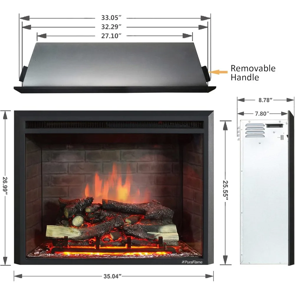 Western Electric Fireplace Insert with Fire Crackling Sound, Remote Control, 750/1500W, Black, 33 1/16 Inches Wide, 25 9/16 2