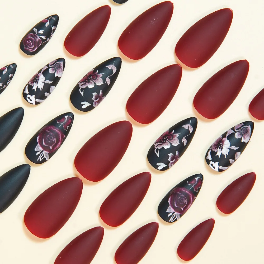 24개 가을 겨울 무광 아몬드 모양 인조 손톱 (글루 포함) 장미잎 프린팅 네일아트 심플 풀커버 프레스온 아크릴 네일 팁