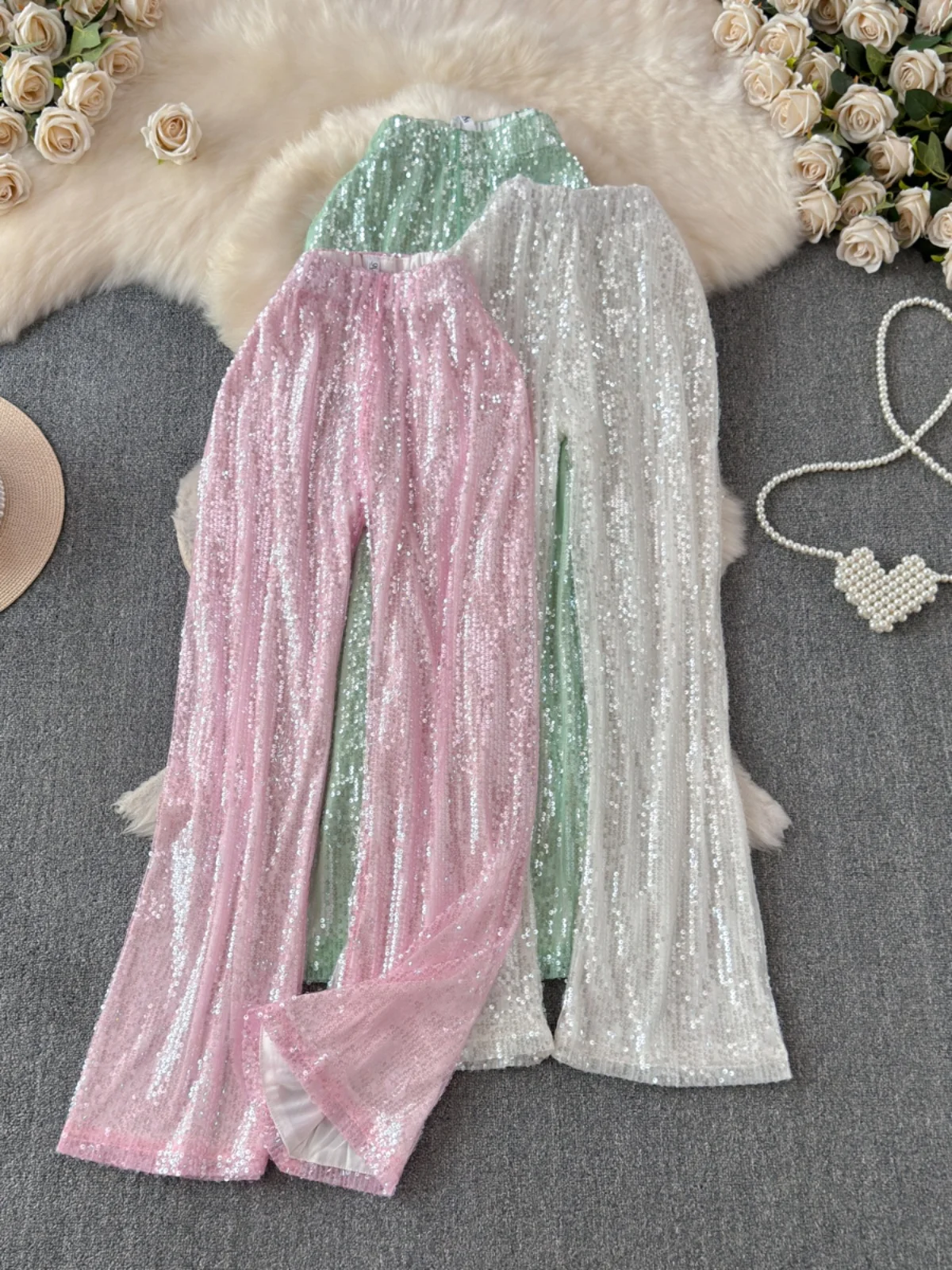 

Foamlina Spring and Summer Fashion Sequined Glittering Long Pants or Women Sexy High Elastic Waist Straight Wide Leg Trousers