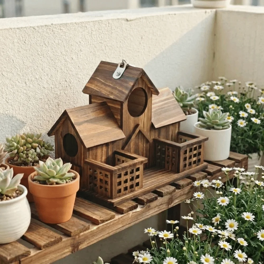 รูปสินค้า บ้านนกไม้กันน้ำ สไตล์ชนบท มีหลายช่องให้นกอยู่อาศัย ทนทาน แขวนได้ ใช้เป็นที่ให้อาหารนก เหมาะสำหรับสวน