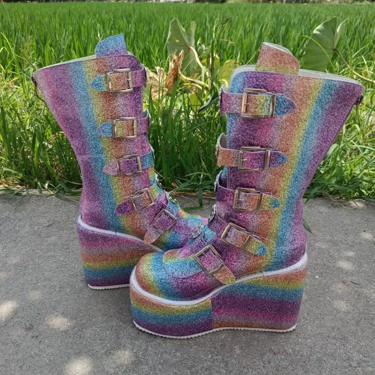 Women's Punk Style Front Zipper Wedges Platform Biker Ankle Boots Shoes main image 1