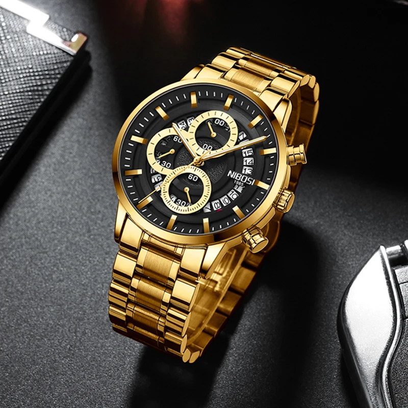 NIBOSI New Mens Watches Top Brand Luxury Sport Military Men Watch Stainless Steel Chronograph Quartz Wrist Watches Male Clock