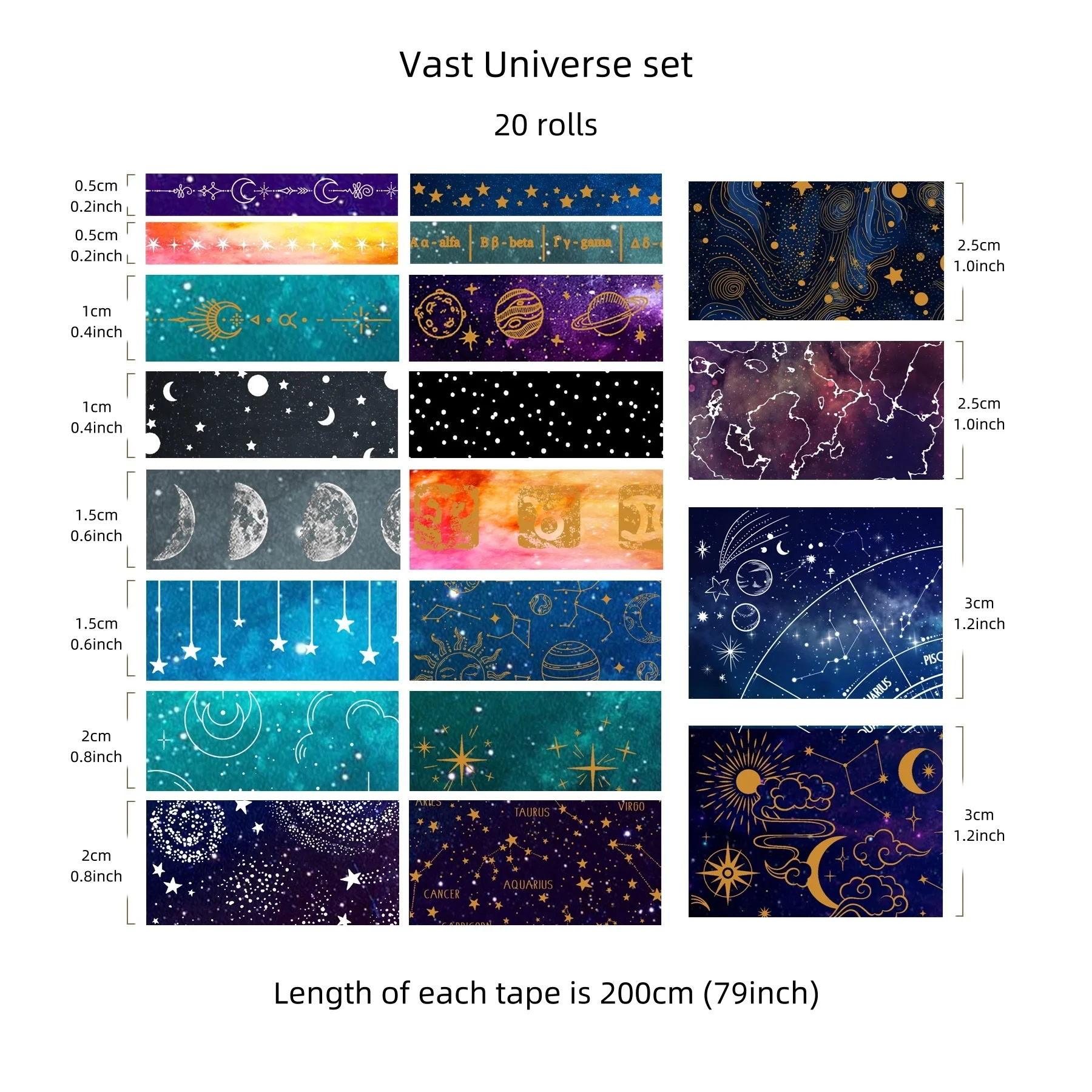 20 Rolls Vast Universe Washi Tape Set Galaxy Star Moon Gold Silver Stamping Adhesive Masking Tapes Decoration Stickers A7603 6