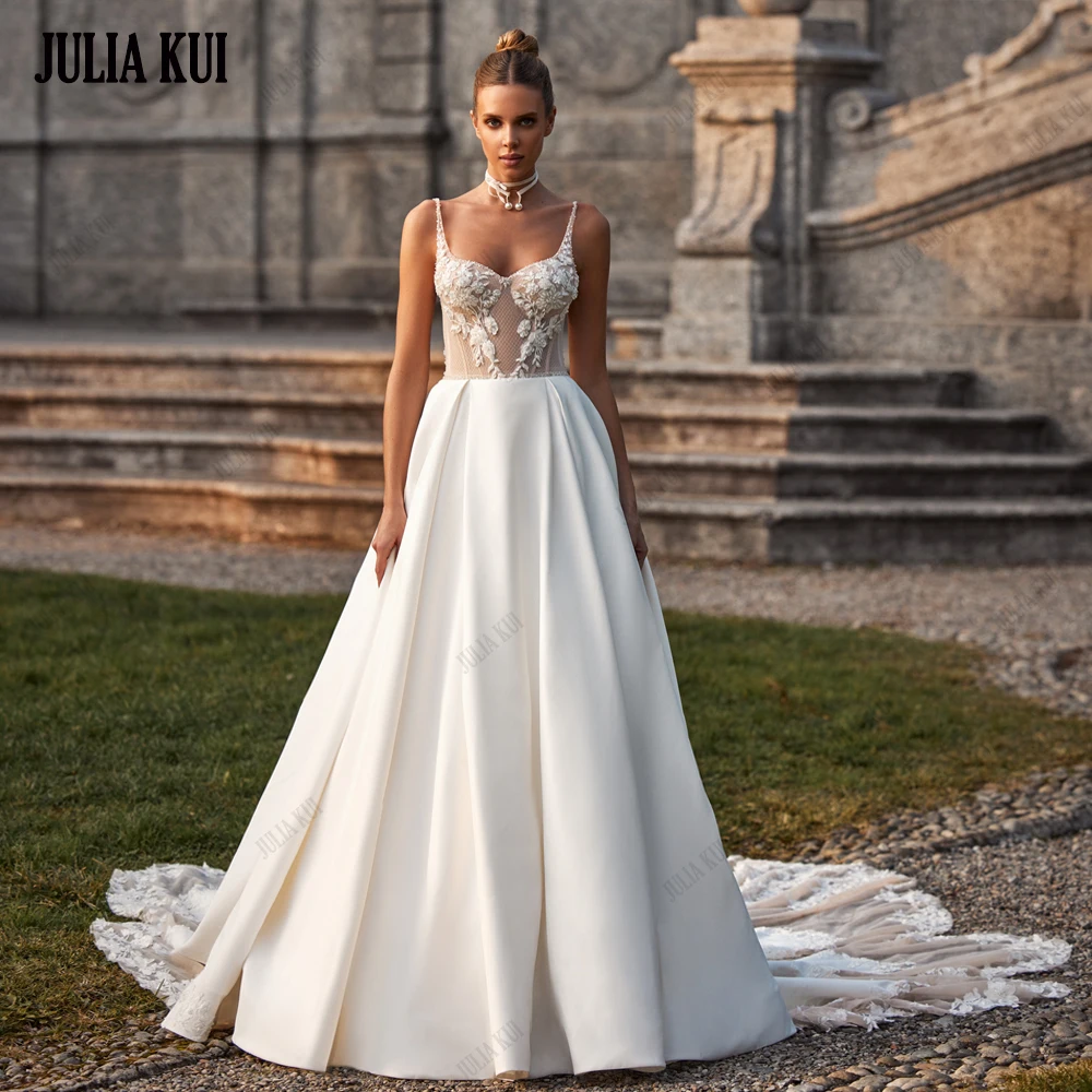 

Julia Kui Elegance Satin Spaghetti Straps A-Line Wedding Dresses With Charming Beading Appliques Lace Bridal Gown