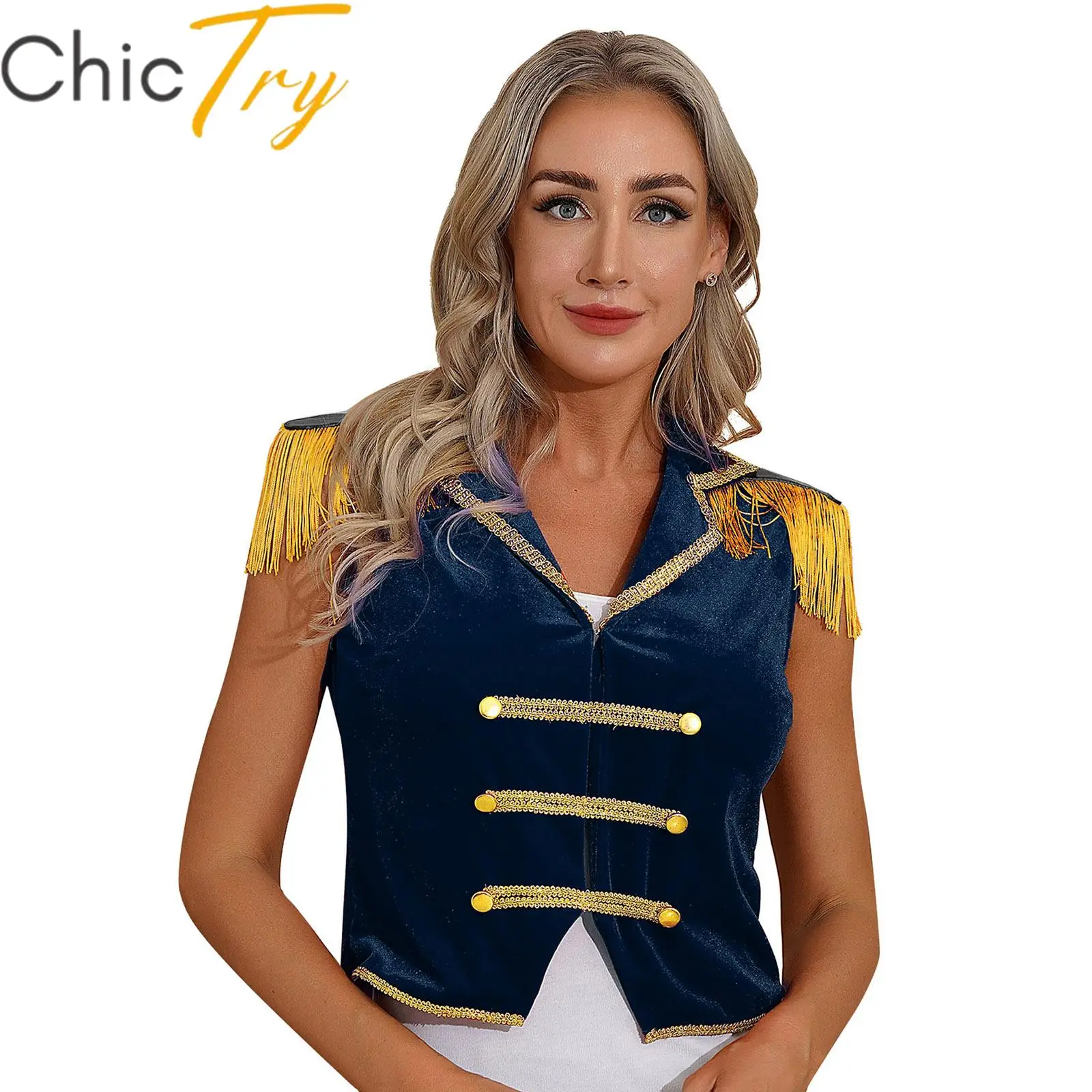 

Womens Cosplay Tanks Tops Halloween Circus Ringmaster Sexy Costume Sleeveless Tassels Velvet Waistcoat Irregular Hem Button Vest