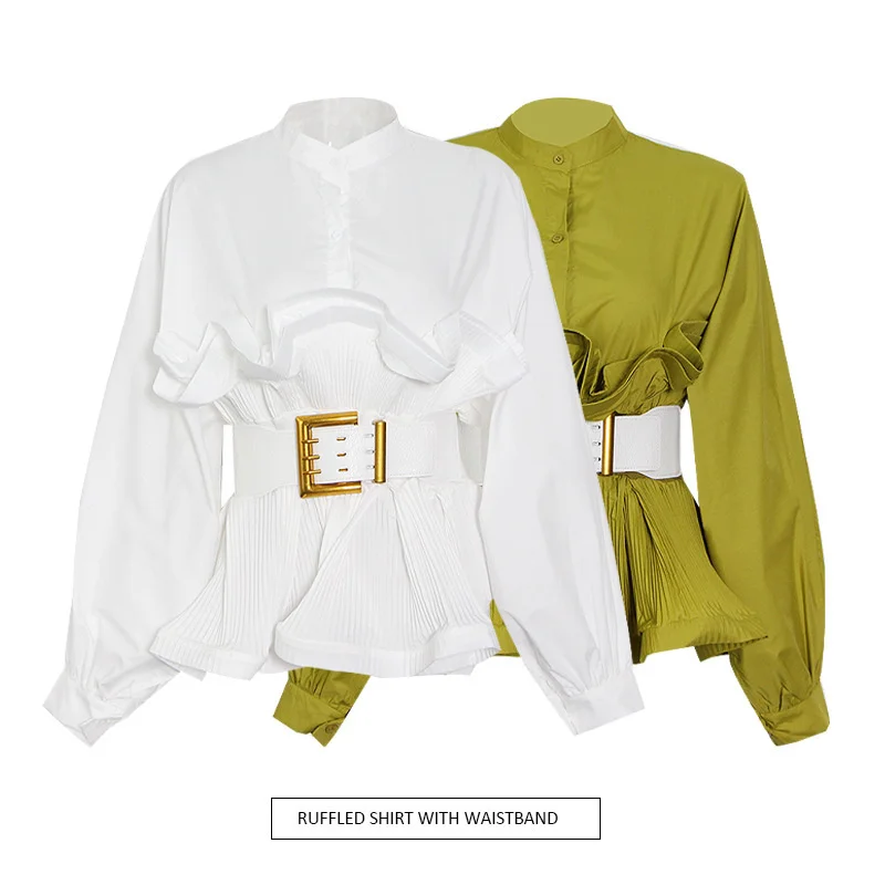 

shirt for women 2023 new solid color ruffle single breasted belt personalized commuting versatile top