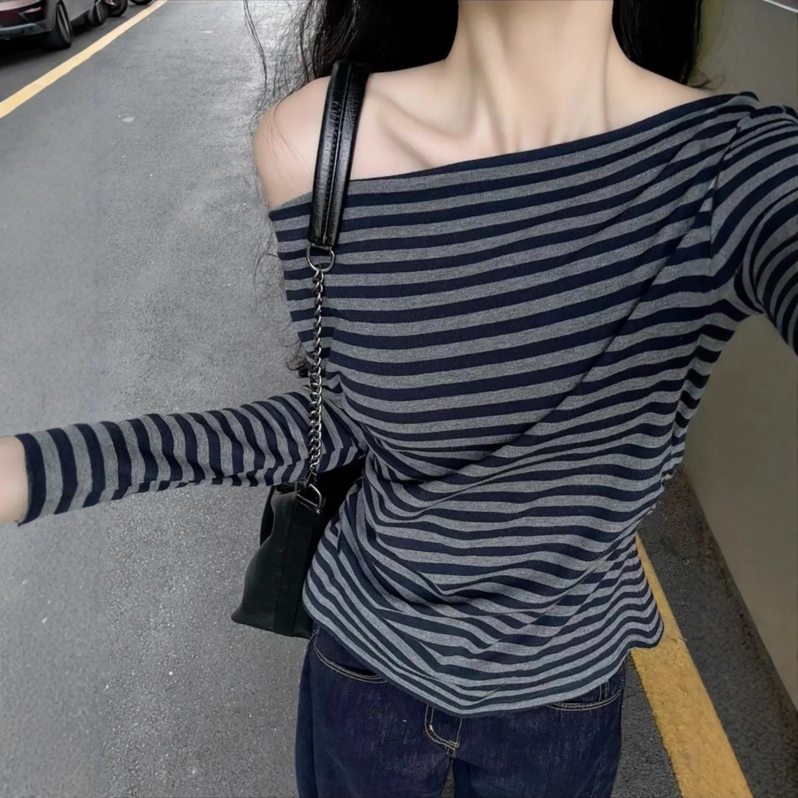 Women Long Sleeve Striped Lace T Shirt Tops