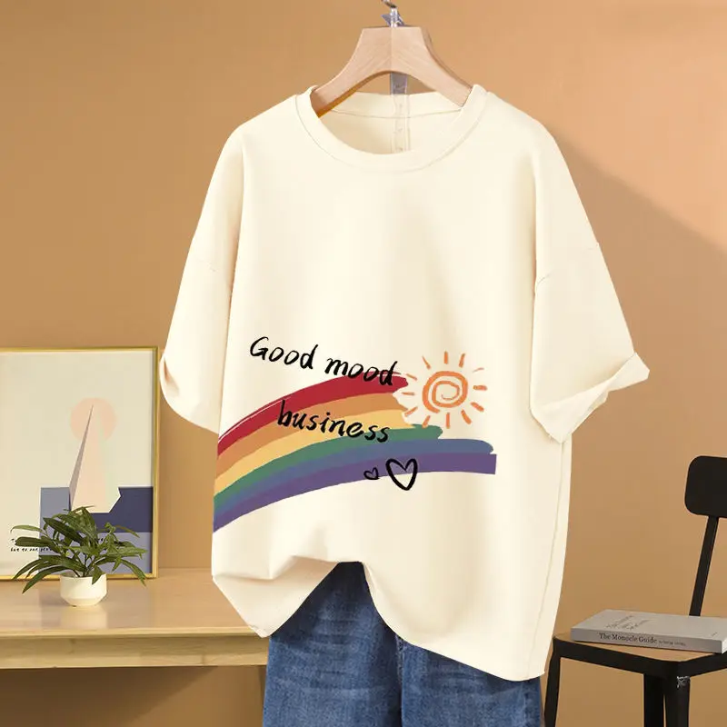 

Women's Casual Cartoon Rainbow Sun Printed T-shirt Summer 100 Cotton Crew Neck Short Sleeve Loose Pullover Lady Basics Tee M-6xl