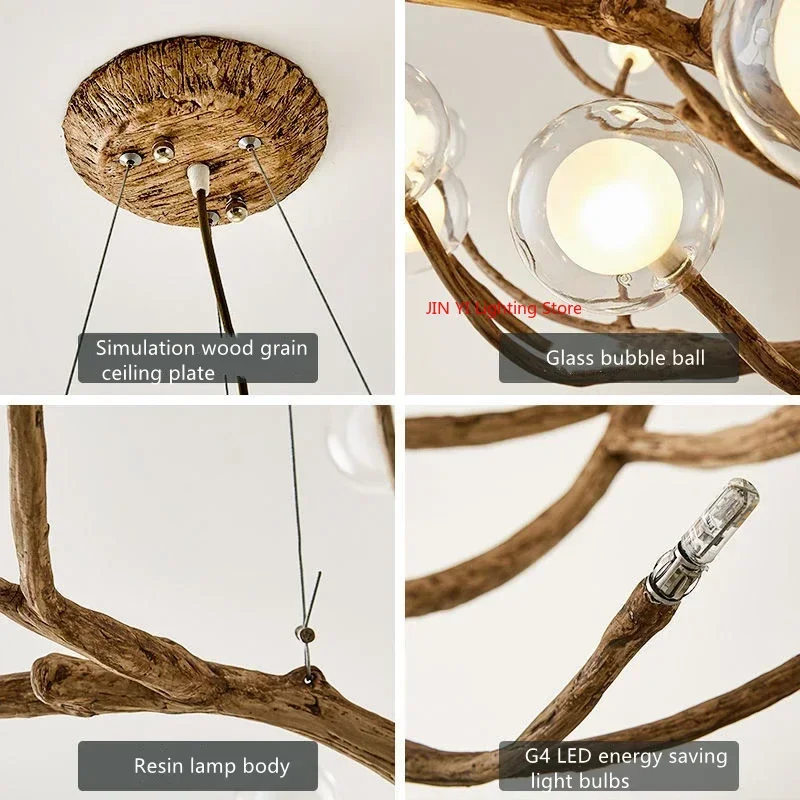 Simulation Resin Iron Tree Branch Glass Bubble Led Retro Pendant Chandelier For Living Room Decor Hanging Lighting