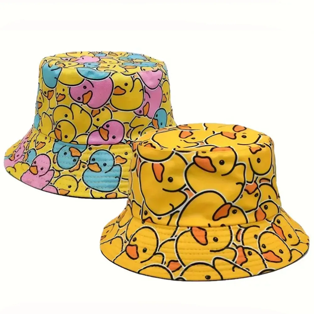 Fisherman Hat 2pc Fashion Duck Printed Reversible Cartoon Basin Hat Lightweight For Women and Men