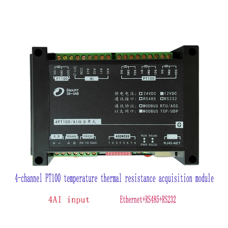 

4PT100 temperature thermal resistance acquisition module 4AI input RS485 RS232 modbus TCP&RTU temperature transmitter Ethernet