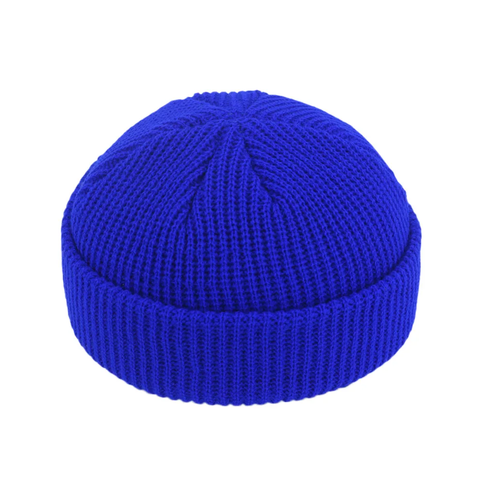 Unisex Retro Navy Solid Color Warm Knit Beanie with Roll-Up Edge