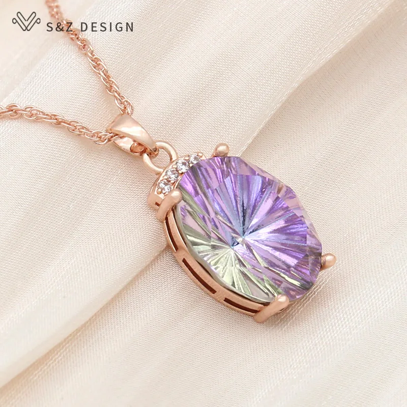 S&Z DESIGN New Fashion 585 Rose Gold Color Luxury Large Oval Crystal Pendant Necklace For Women Wedding Cubic Zirconia Jewelry