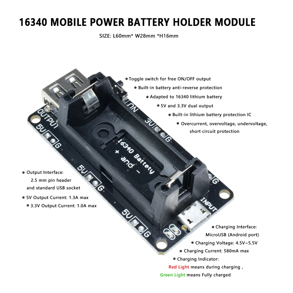 16340 Micro USB Power Bank Moduł ładowarki z podwójnym wyjściem 3.3V 5V Uchwyt na akumulator Płyta ładująca akumulator litowy