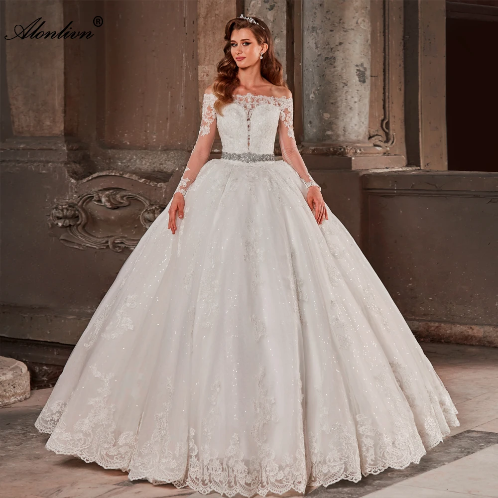 

Alonlivn Elegance Boat Neck Ball Gown Wedding Dresses Beading Pearls Sash Appliques Lace Off Shoulder Sleeves Bridal Gowns