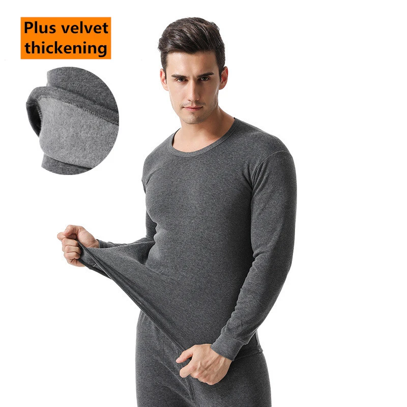 cotton long johns Winter Long Johns Men Thermal Underwear Sets thin fleece solid color keep warm Round neck Plush thick warm clothing merino wool long johns