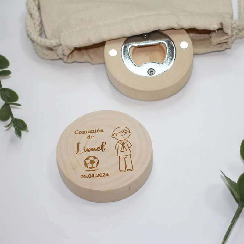 삼베 가방이 있는 맞춤형 자석 오프너, 결혼식 파티 선물, 목제 냉장고 자석 기념품, 주문 제작 선물