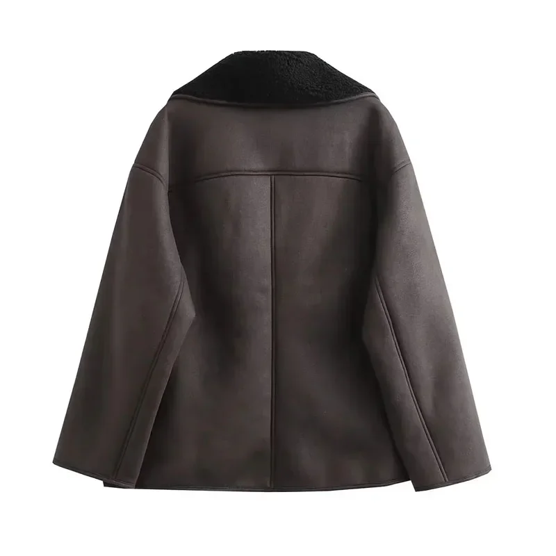 TRAF Woman Thick Faux Leather Jackets for Women Coat Autumn Winter Warm Wool Blends Coats Demi-season Plush Jacket Outerwear 5