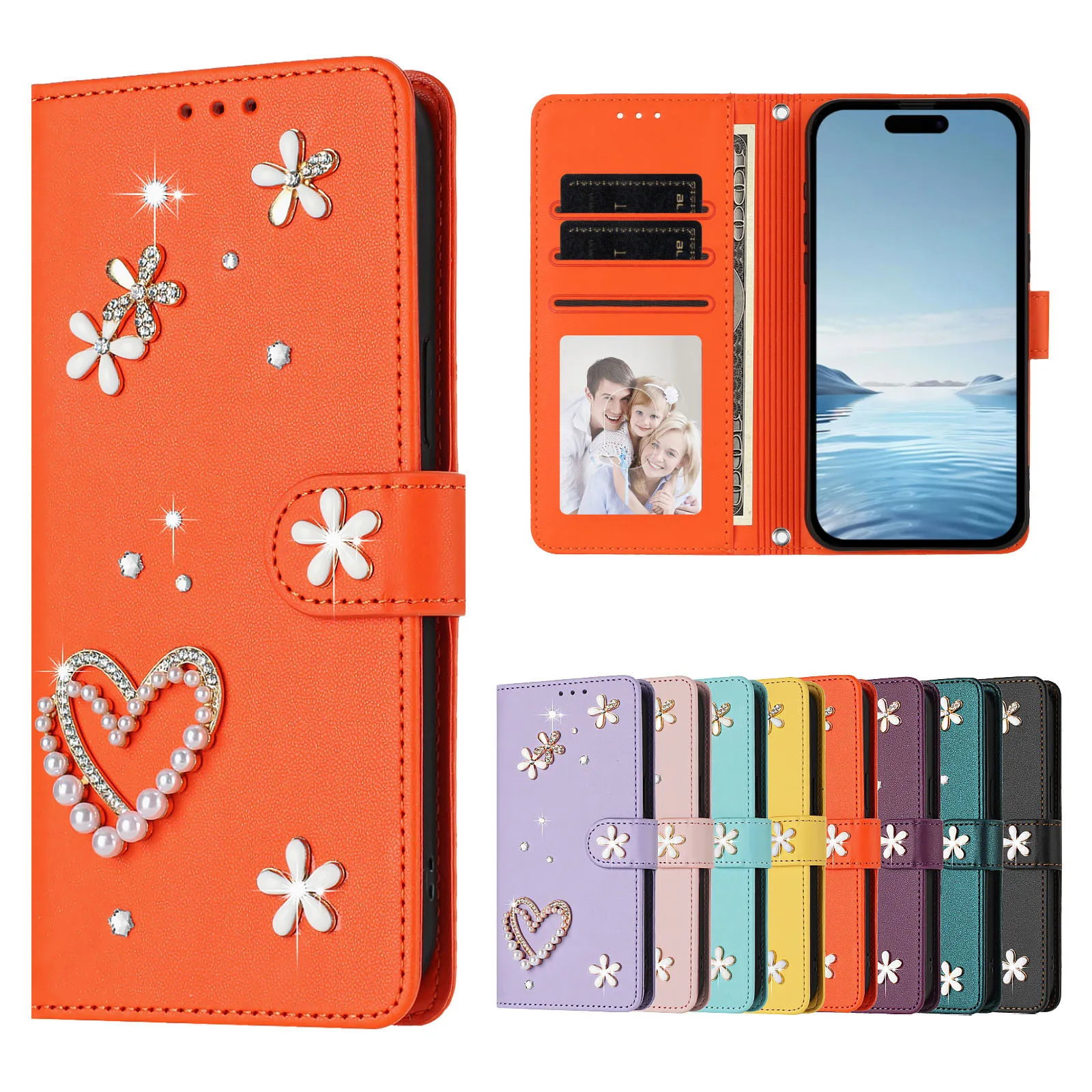 Sparkling Jeweled Leather Phone Case with Lanyard and Cardholder Wallet