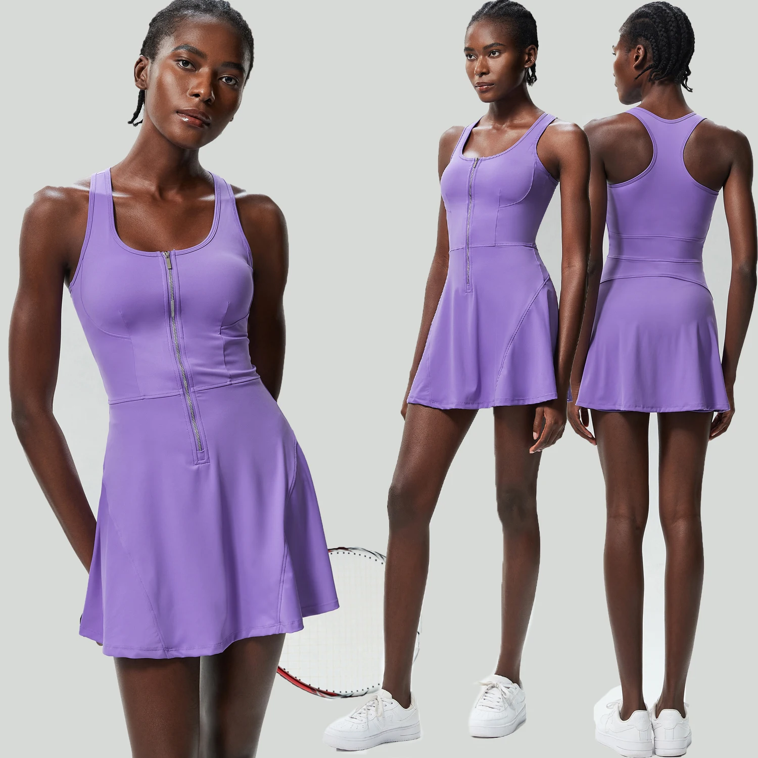 Women Tennis Dress One-Pieces Slim Fit Soft Sports Sets Golf Wear Badminton Skorts Sleeveless Zip Casual Skorts With Chest Pads